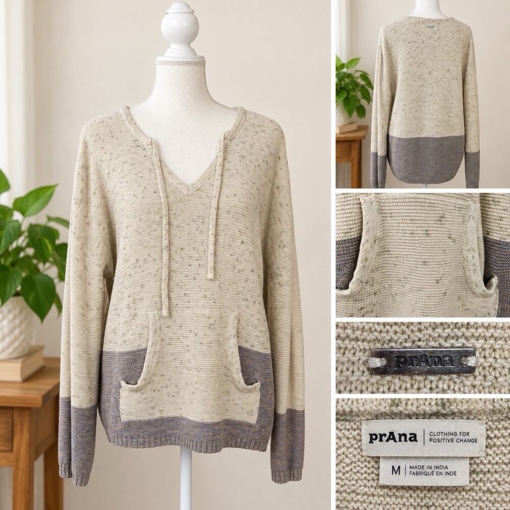 prAna Size M Medium Organic Cotton Oatmeal Colorblock Knit Sweater Pocket Bell